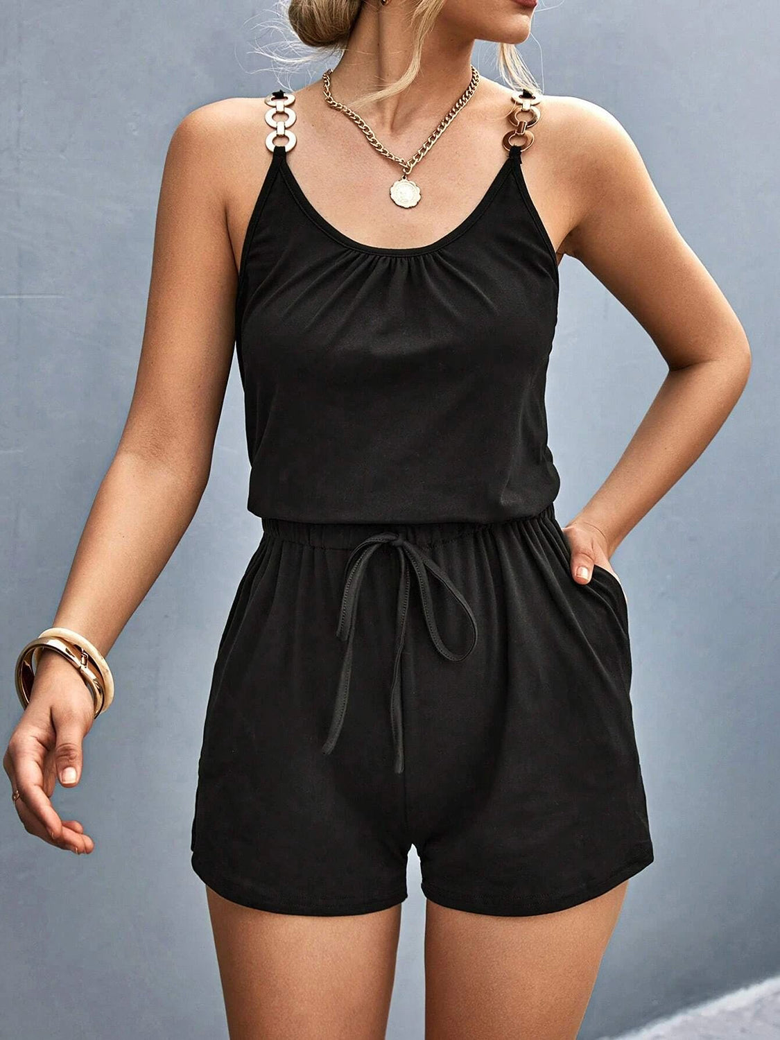 Pocketed Buckle Neck Romper