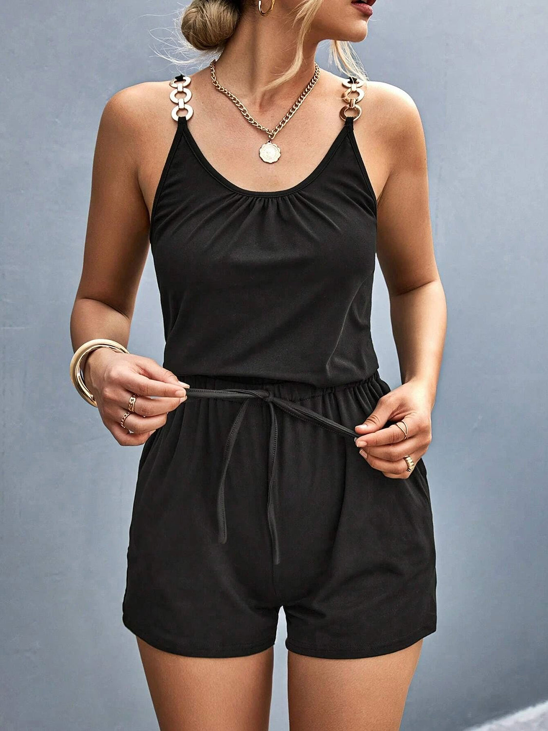 Pocketed Buckle Neck Romper