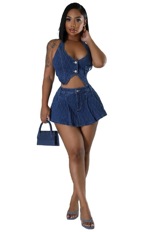 Denim Two Piece Skirt Set