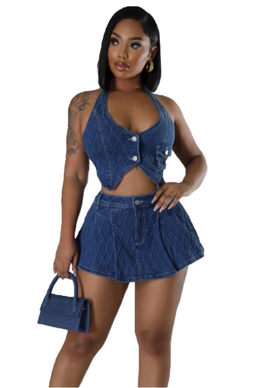 Denim Two Piece Skirt Set